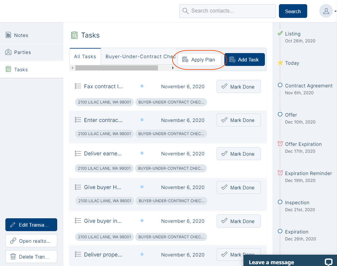 Task Plans to help manage all of the tasks involved in real estate transaction management