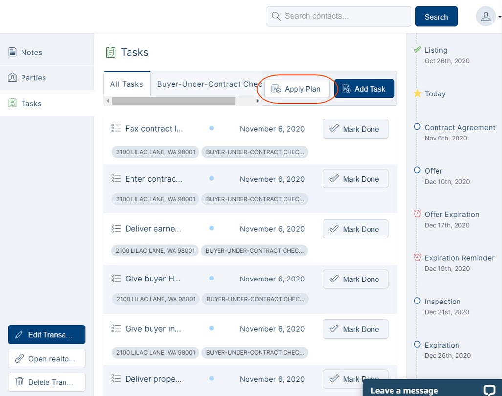 Task Plans to help manage all of the tasks involved in real estate transaction management