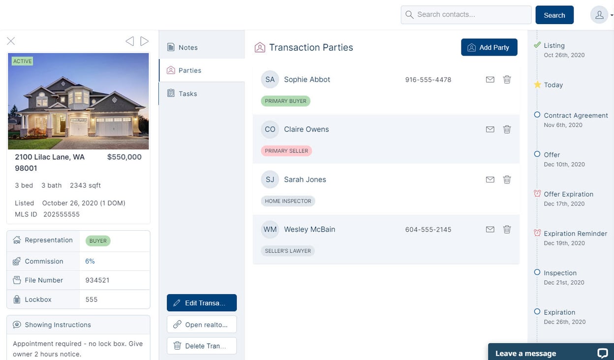 Transaction record in Top Producer® X CRM