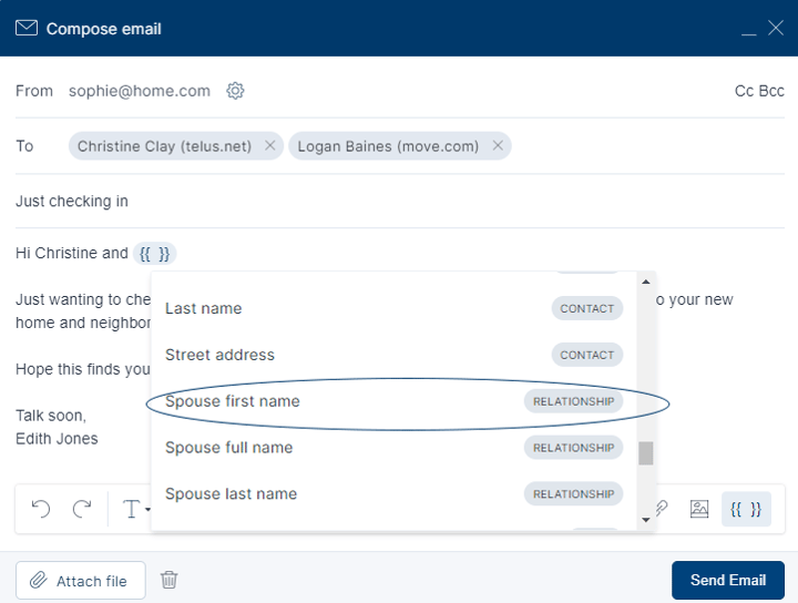 Spouse merge codes when composing an email in Top Producer X CRM make communicating easy