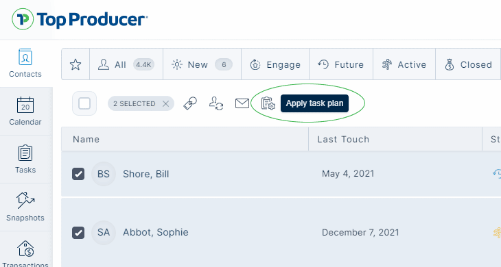 Mass apply task plans to selected contacts in Top Producer CRM