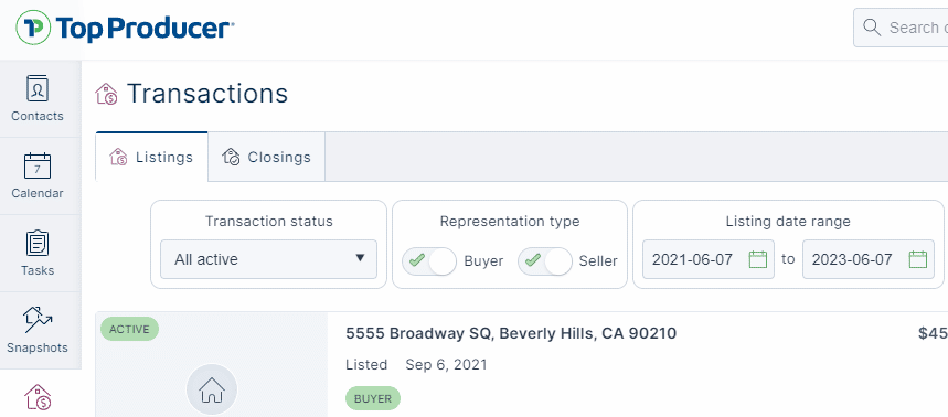 New listing and closing tabs on the Transactions page in Top Producer X CRM 